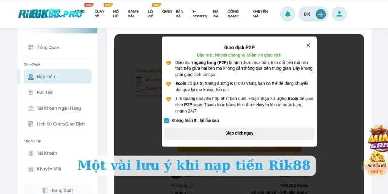 Một vài lưu ý khi nạp tiền Rik88