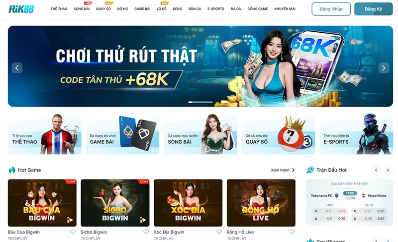 Trang chủ chính thức Rik88 với giao diện hiện đại và menu điều hướng